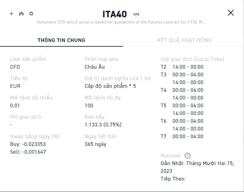 Thông tin giao dịch cổ phiếu ITA 40 CFD trên sàn XTB